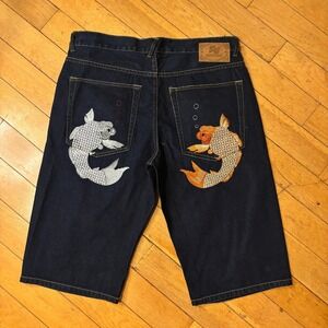 Heifetgens Y2K Evisu Baggy Denim Shorts Men 36 Koi Fish Embroidered Raw Jorts